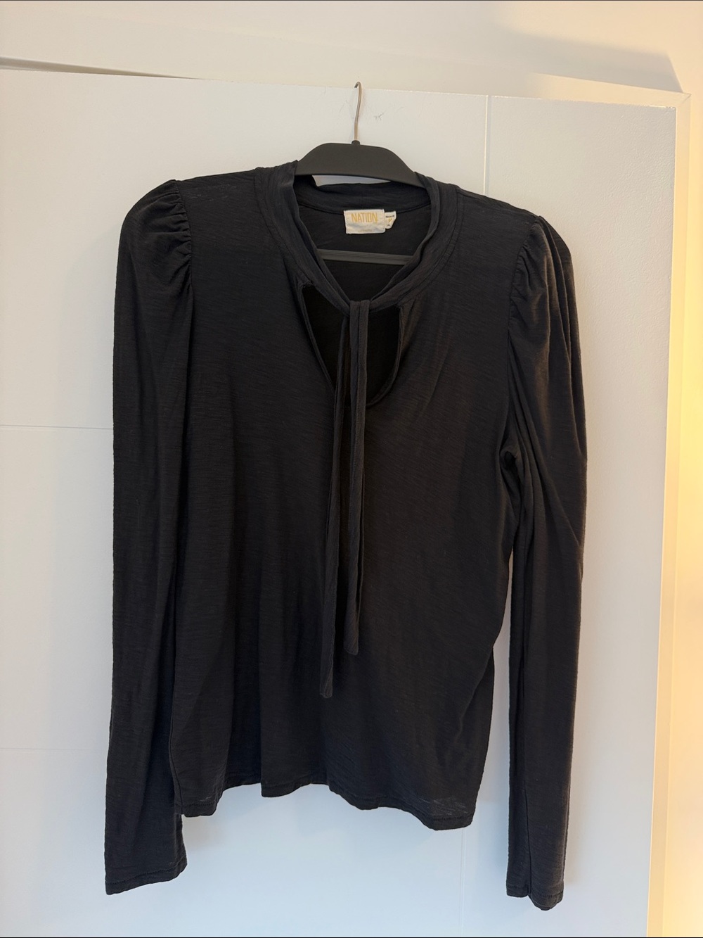 Nation LTD Cotton Black Tie-Neck & Long Puff Sleeves